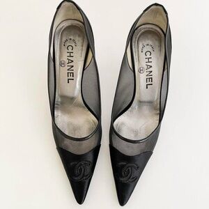 Vintage Chanel CC Black Satin Mesh Court Pointy Heels